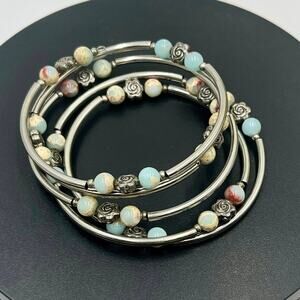 Coil Wrap Agate Seafoam Green Rose Pastel Accent Bracelet Memory Wire Bangle